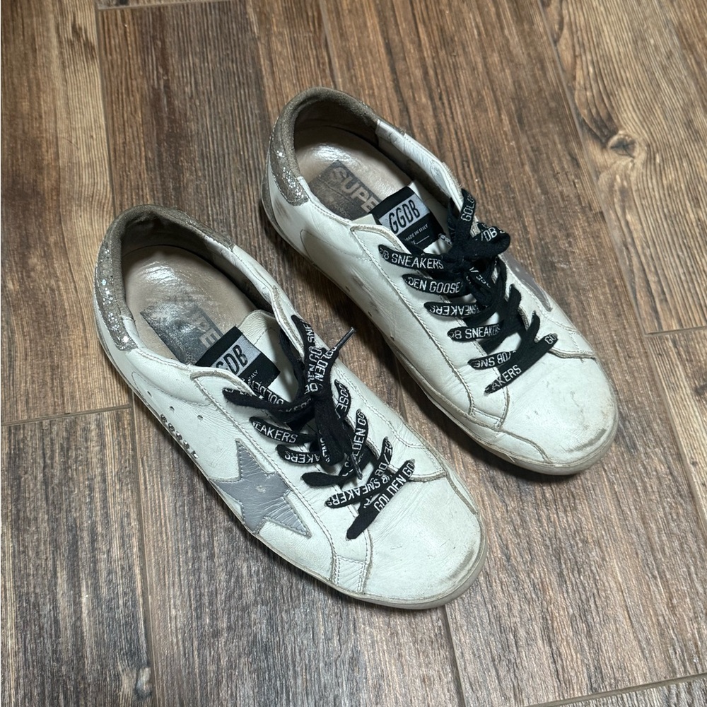 Golden Goose White and Gray Distressed Sneakers